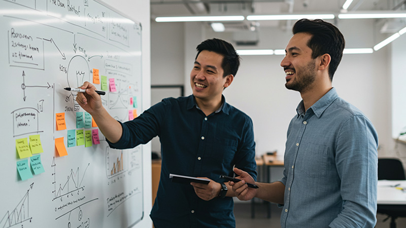 Dos emprendedores planeando una idea de negocio